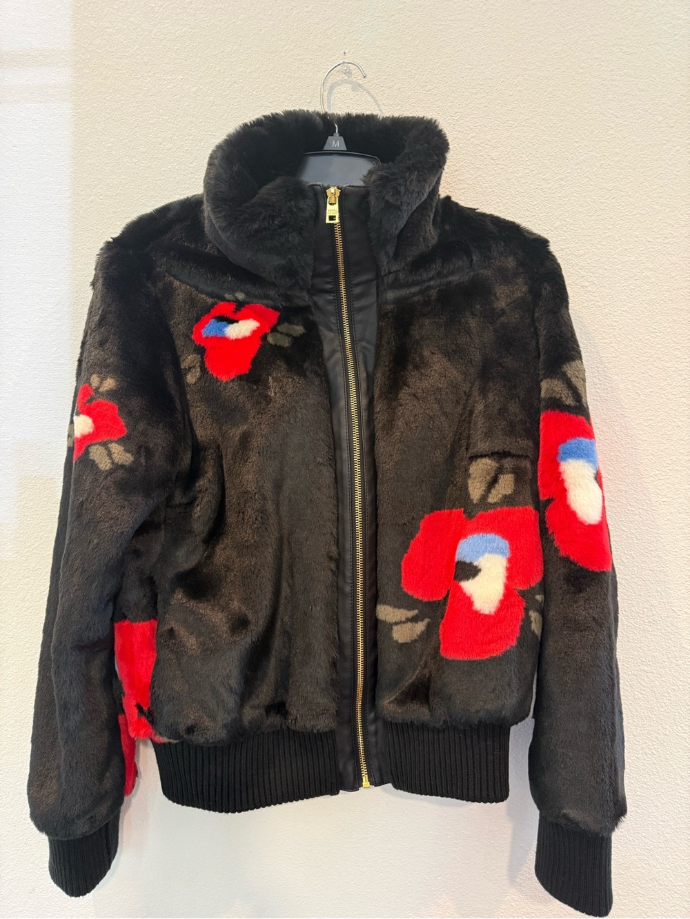 Black Faux Fur Bomber Jacket with Red Floral Appliqué